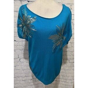 INC International Concepts Women's Blue Floral Sequin Knit Top Size XL